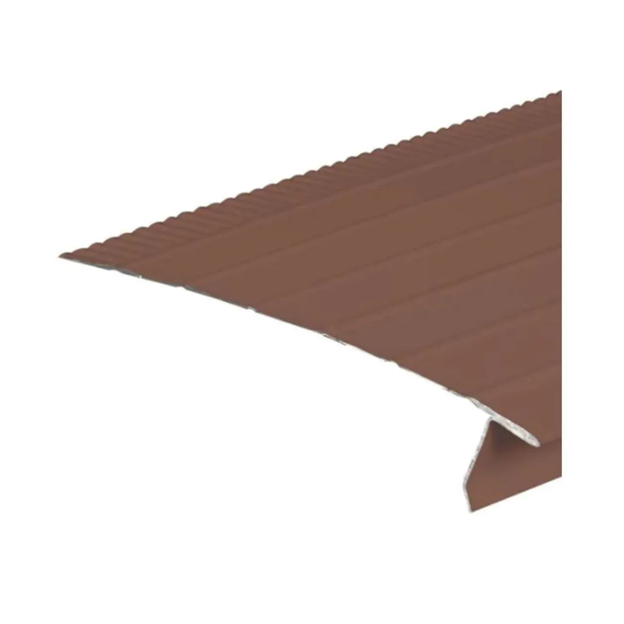 A Go Build 6 in. x 10 ft. F8 Open Face Aluminum Drip Edge Flashing in brown is shown at an angle on a plain white background, highlighting its wavy texture and bent edge designed for easy roof edge protection.